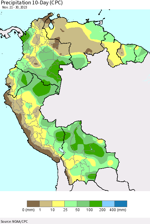 Northern South America Precipitation 10-Day (CPC) Thematic Map For 11/21/2023 - 11/30/2023