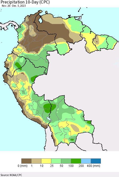 Northern South America Precipitation 10-Day (CPC) Thematic Map For 11/26/2023 - 12/5/2023
