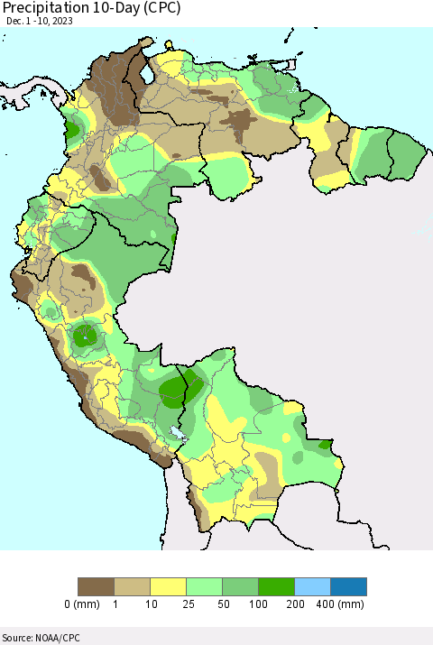 Northern South America Precipitation 10-Day (CPC) Thematic Map For 12/1/2023 - 12/10/2023