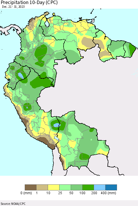 Northern South America Precipitation 10-Day (CPC) Thematic Map For 12/21/2023 - 12/31/2023