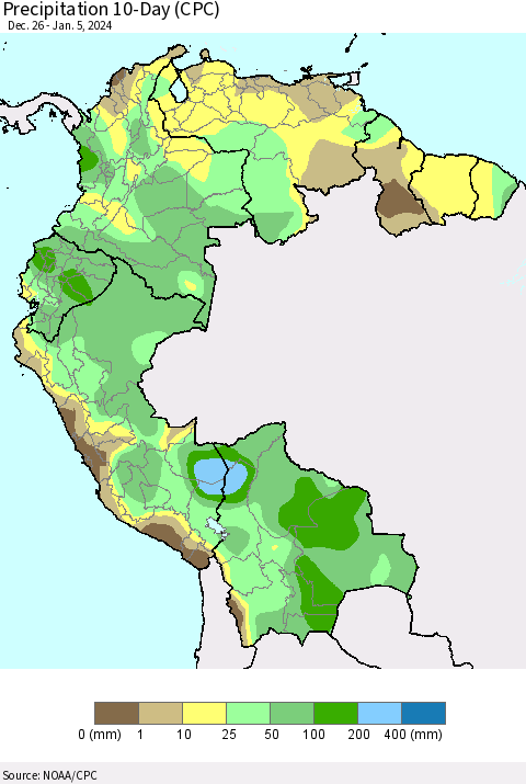 Northern South America Precipitation 10-Day (CPC) Thematic Map For 12/26/2023 - 1/5/2024