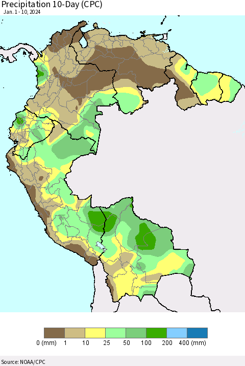 Northern South America Precipitation 10-Day (CPC) Thematic Map For 1/1/2024 - 1/10/2024