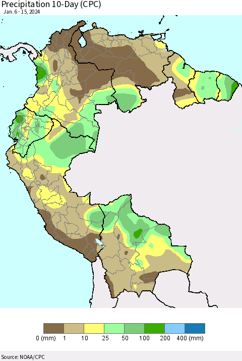 Northern South America Precipitation 10-Day (CPC) Thematic Map For 1/6/2024 - 1/15/2024