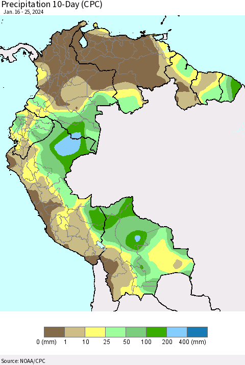 Northern South America Precipitation 10-Day (CPC) Thematic Map For 1/16/2024 - 1/25/2024