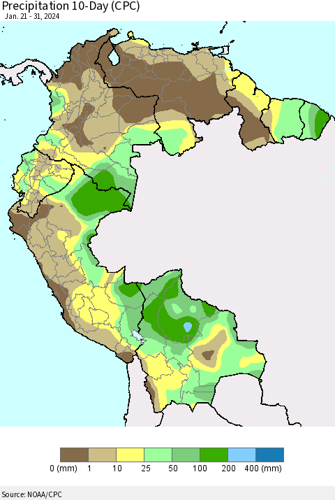 Northern South America Precipitation 10-Day (CPC) Thematic Map For 1/21/2024 - 1/31/2024