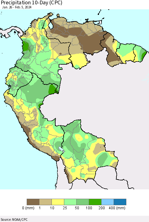 Northern South America Precipitation 10-Day (CPC) Thematic Map For 1/26/2024 - 2/5/2024