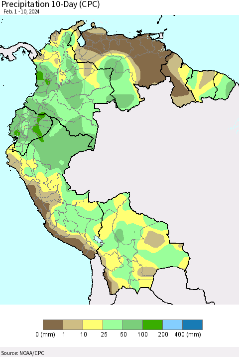 Northern South America Precipitation 10-Day (CPC) Thematic Map For 2/1/2024 - 2/10/2024