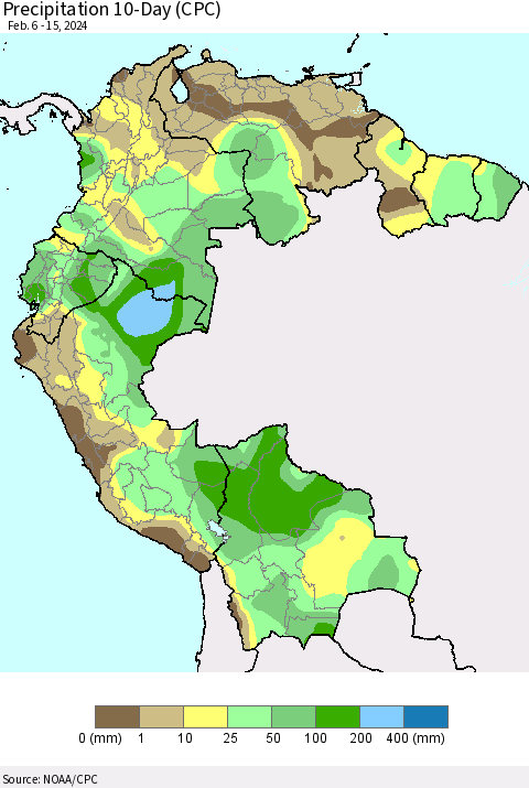 Northern South America Precipitation 10-Day (CPC) Thematic Map For 2/6/2024 - 2/15/2024