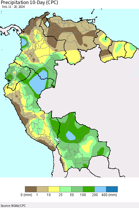Northern South America Precipitation 10-Day (CPC) Thematic Map For 2/11/2024 - 2/20/2024
