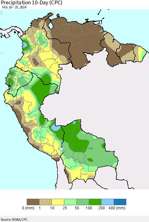 Northern South America Precipitation 10-Day (CPC) Thematic Map For 2/16/2024 - 2/25/2024