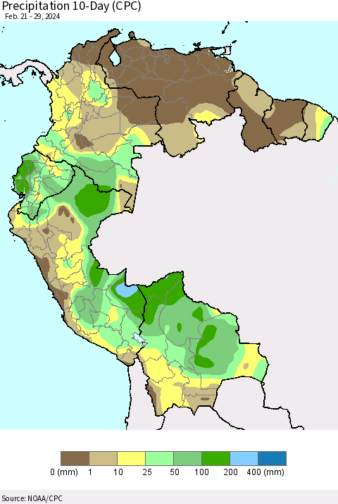 Northern South America Precipitation 10-Day (CPC) Thematic Map For 2/21/2024 - 2/29/2024