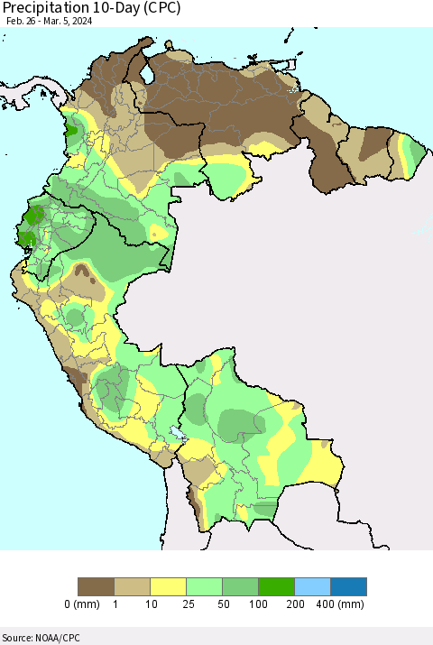 Northern South America Precipitation 10-Day (CPC) Thematic Map For 2/26/2024 - 3/5/2024