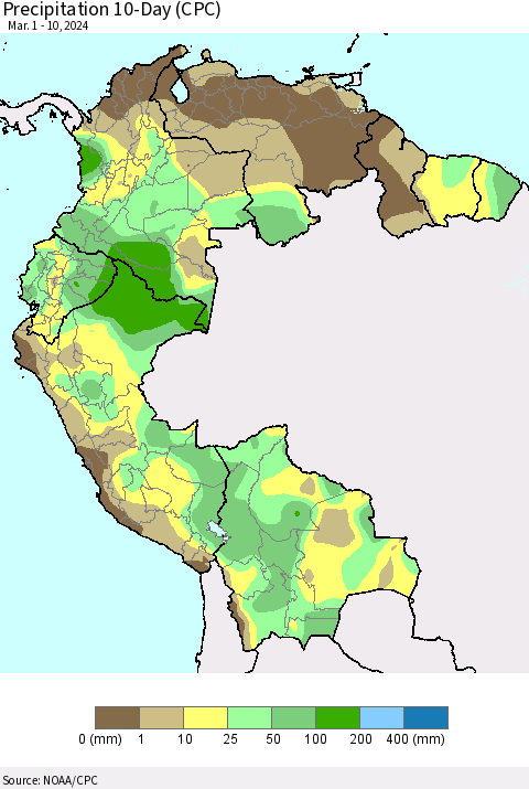 Northern South America Precipitation 10-Day (CPC) Thematic Map For 3/1/2024 - 3/10/2024