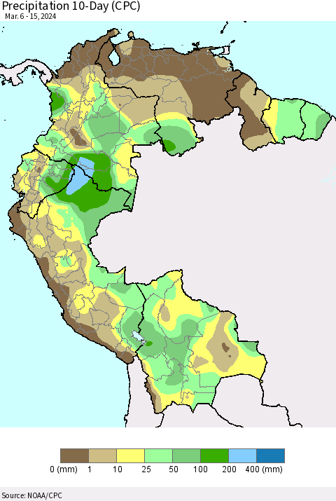 Northern South America Precipitation 10-Day (CPC) Thematic Map For 3/6/2024 - 3/15/2024
