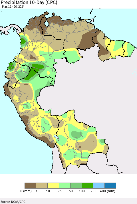 Northern South America Precipitation 10-Day (CPC) Thematic Map For 3/11/2024 - 3/20/2024