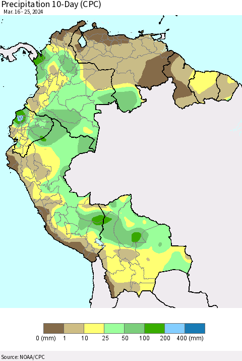 Northern South America Precipitation 10-Day (CPC) Thematic Map For 3/16/2024 - 3/25/2024