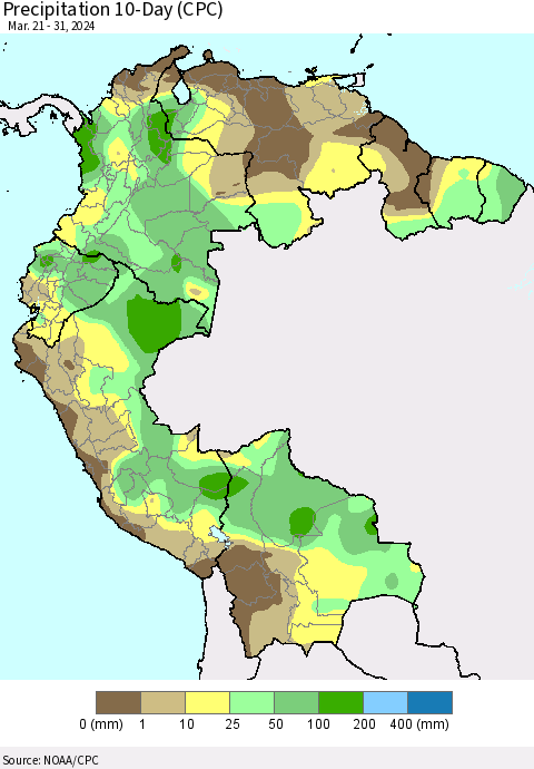 Northern South America Precipitation 10-Day (CPC) Thematic Map For 3/21/2024 - 3/31/2024