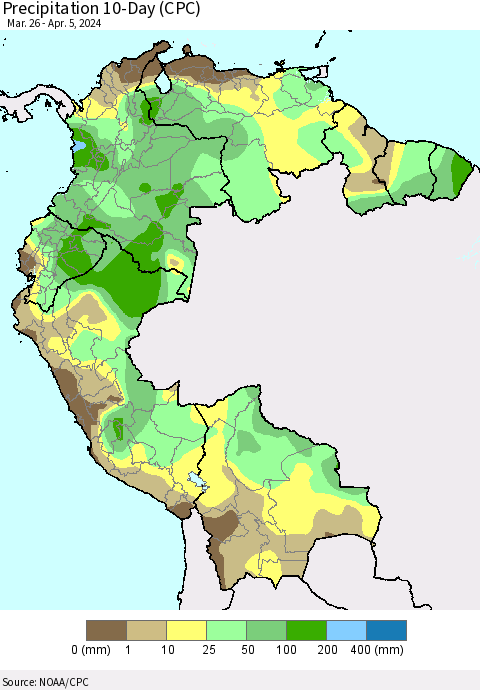 Northern South America Precipitation 10-Day (CPC) Thematic Map For 3/26/2024 - 4/5/2024