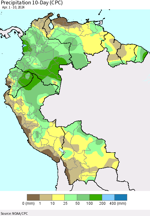 Northern South America Precipitation 10-Day (CPC) Thematic Map For 4/1/2024 - 4/10/2024