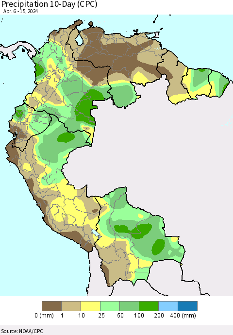 Northern South America Precipitation 10-Day (CPC) Thematic Map For 4/6/2024 - 4/15/2024