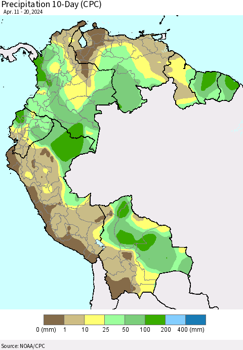 Northern South America Precipitation 10-Day (CPC) Thematic Map For 4/11/2024 - 4/20/2024