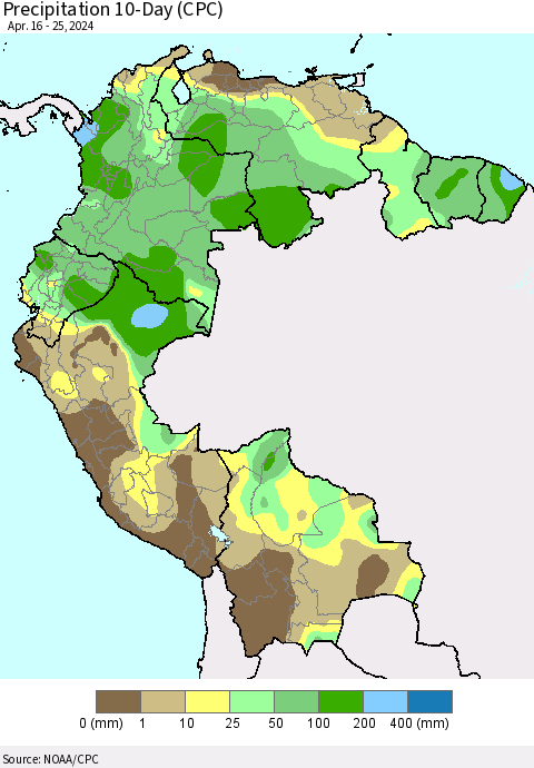 Northern South America Precipitation 10-Day (CPC) Thematic Map For 4/16/2024 - 4/25/2024