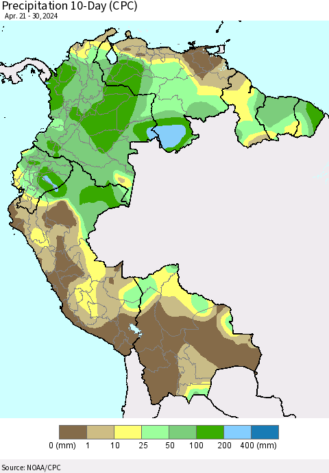 Northern South America Precipitation 10-Day (CPC) Thematic Map For 4/21/2024 - 4/30/2024