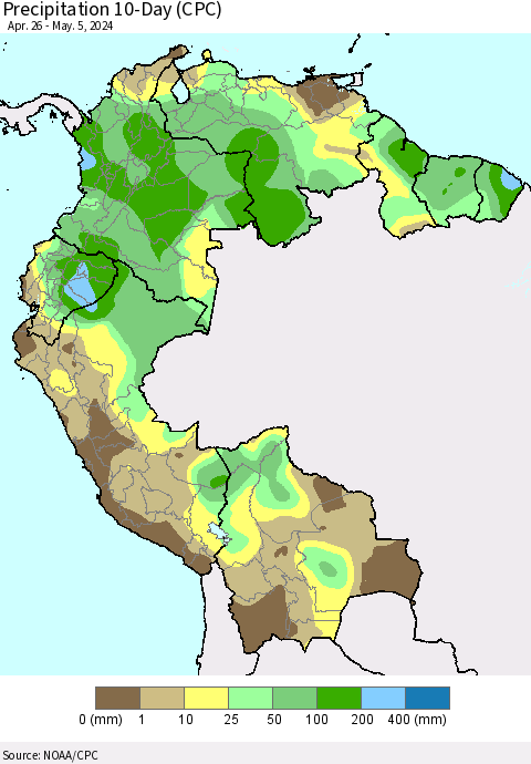 Northern South America Precipitation 10-Day (CPC) Thematic Map For 4/26/2024 - 5/5/2024