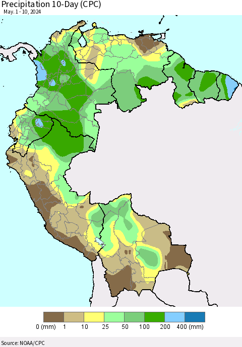Northern South America Precipitation 10-Day (CPC) Thematic Map For 5/1/2024 - 5/10/2024
