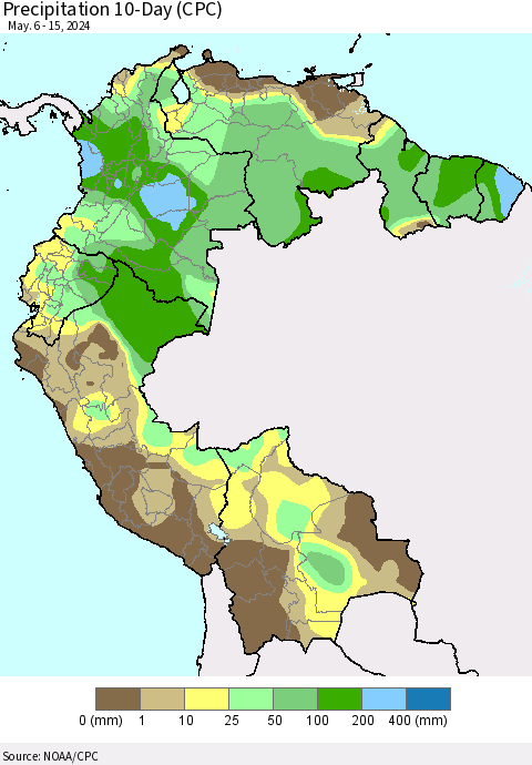 Northern South America Precipitation 10-Day (CPC) Thematic Map For 5/6/2024 - 5/15/2024