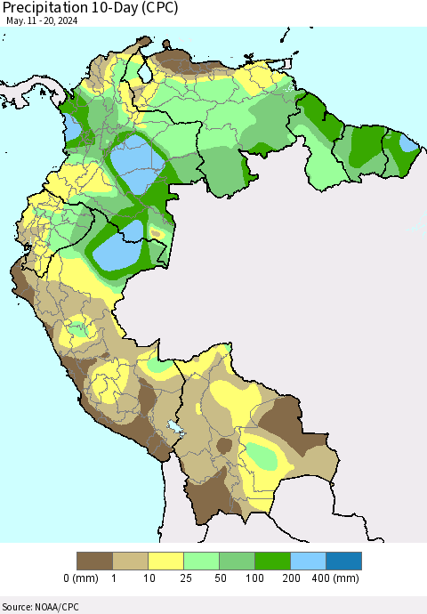 Northern South America Precipitation 10-Day (CPC) Thematic Map For 5/11/2024 - 5/20/2024