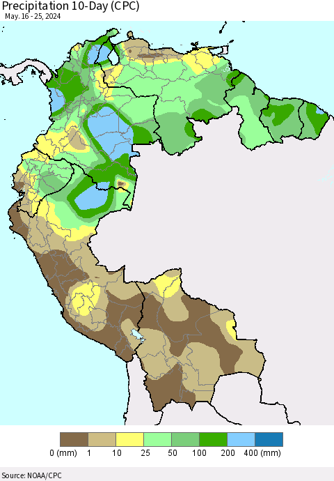 Northern South America Precipitation 10-Day (CPC) Thematic Map For 5/16/2024 - 5/25/2024