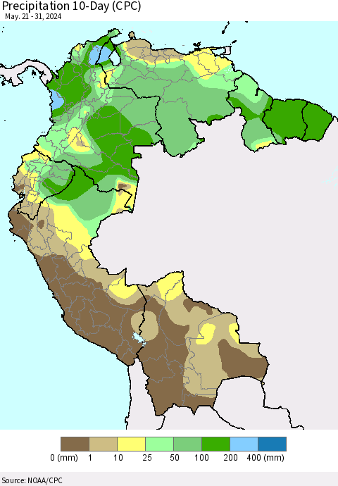 Northern South America Precipitation 10-Day (CPC) Thematic Map For 5/21/2024 - 5/31/2024