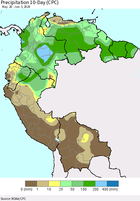Northern South America Precipitation 10-Day (CPC) Thematic Map For 5/26/2024 - 6/5/2024