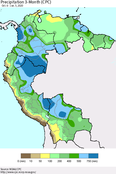 Northern South America Precipitation 3-Month (CPC) Thematic Map For 10/6/2019 - 1/5/2020