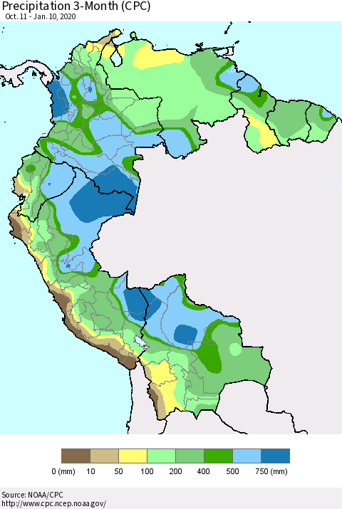 Northern South America Precipitation 3-Month (CPC) Thematic Map For 10/11/2019 - 1/10/2020