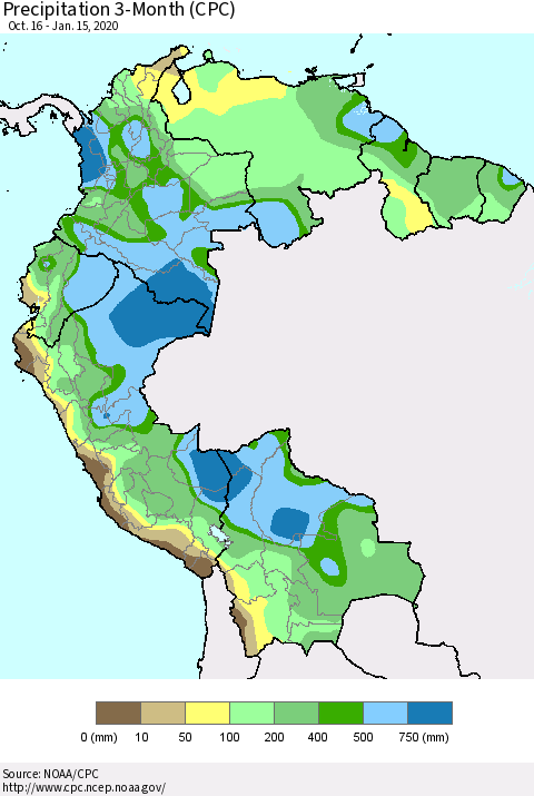 Northern South America Precipitation 3-Month (CPC) Thematic Map For 10/16/2019 - 1/15/2020