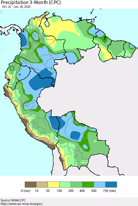 Northern South America Precipitation 3-Month (CPC) Thematic Map For 10/21/2019 - 1/20/2020