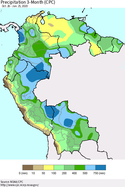 Northern South America Precipitation 3-Month (CPC) Thematic Map For 10/26/2019 - 1/25/2020