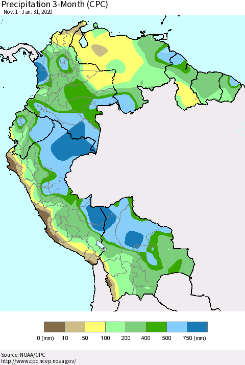 Northern South America Precipitation 3-Month (CPC) Thematic Map For 11/1/2019 - 1/31/2020