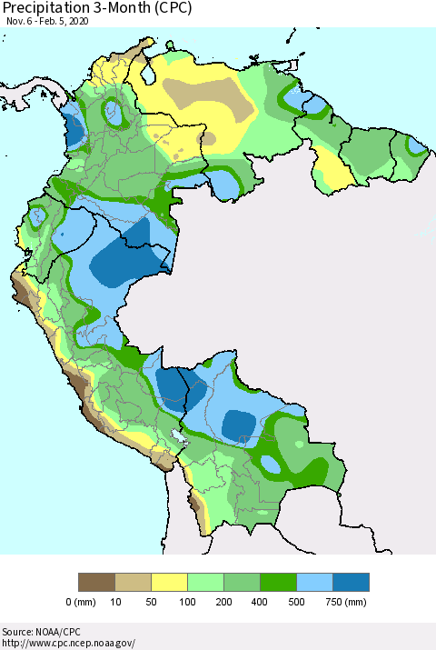 Northern South America Precipitation 3-Month (CPC) Thematic Map For 11/6/2019 - 2/5/2020