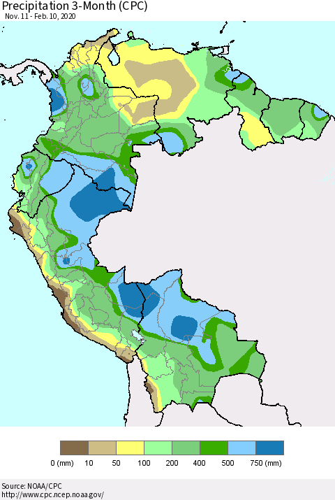 Northern South America Precipitation 3-Month (CPC) Thematic Map For 11/11/2019 - 2/10/2020