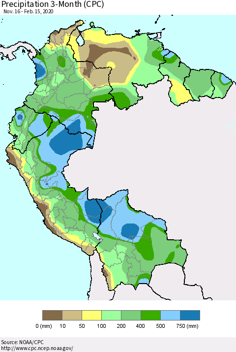 Northern South America Precipitation 3-Month (CPC) Thematic Map For 11/16/2019 - 2/15/2020