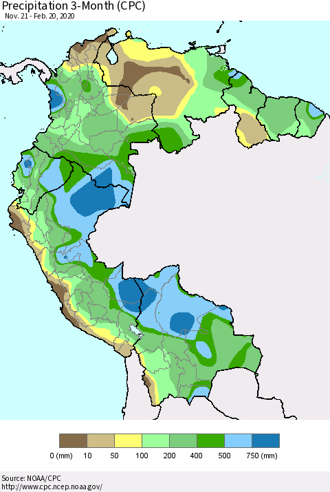 Northern South America Precipitation 3-Month (CPC) Thematic Map For 11/21/2019 - 2/20/2020