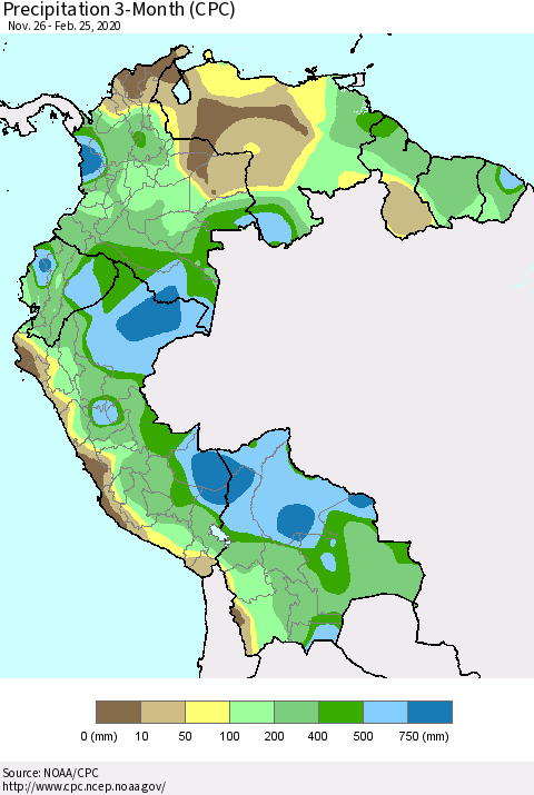 Northern South America Precipitation 3-Month (CPC) Thematic Map For 11/26/2019 - 2/25/2020