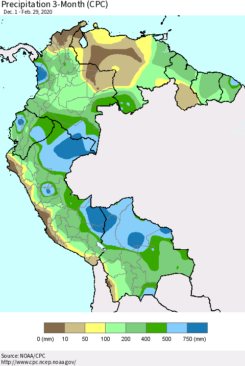 Northern South America Precipitation 3-Month (CPC) Thematic Map For 12/1/2019 - 2/29/2020
