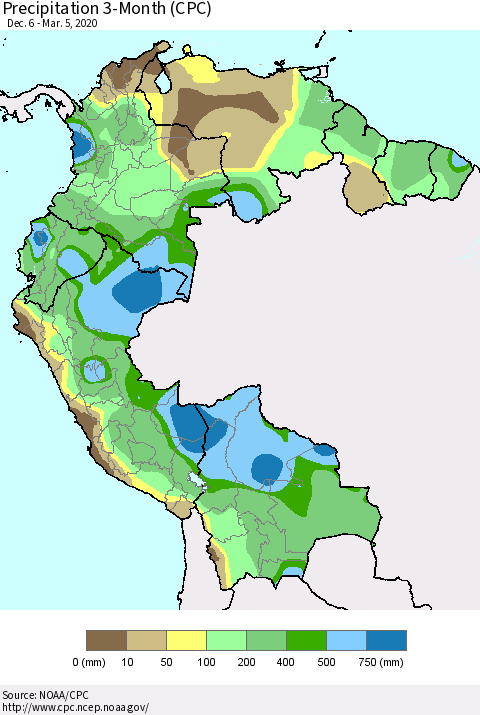 Northern South America Precipitation 3-Month (CPC) Thematic Map For 12/6/2019 - 3/5/2020