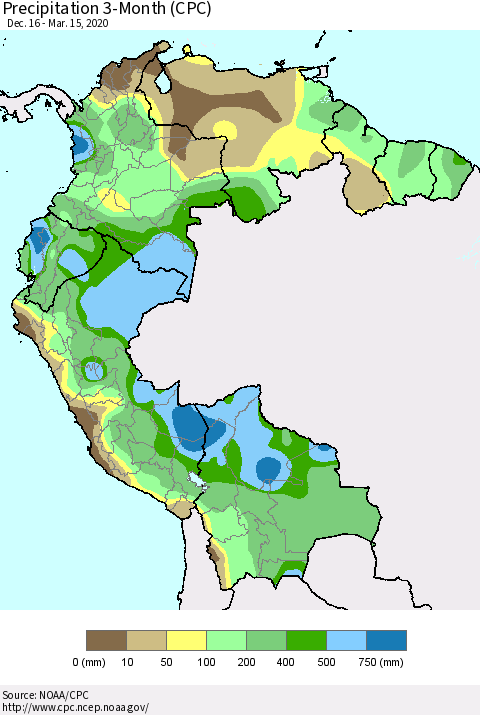 Northern South America Precipitation 3-Month (CPC) Thematic Map For 12/16/2019 - 3/15/2020