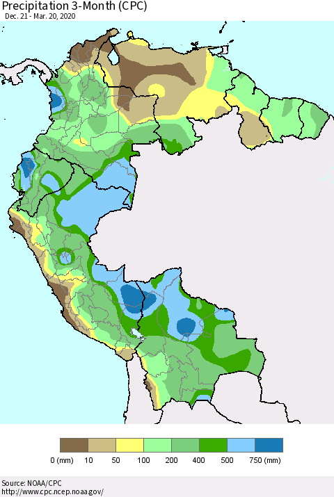 Northern South America Precipitation 3-Month (CPC) Thematic Map For 12/21/2019 - 3/20/2020