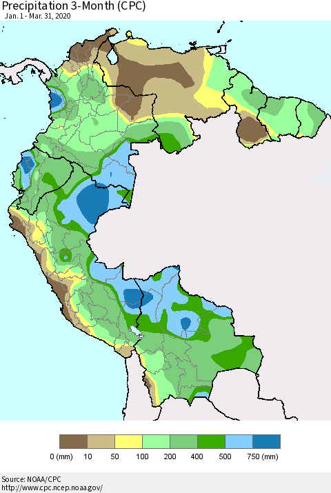 Northern South America Precipitation 3-Month (CPC) Thematic Map For 1/1/2020 - 3/31/2020
